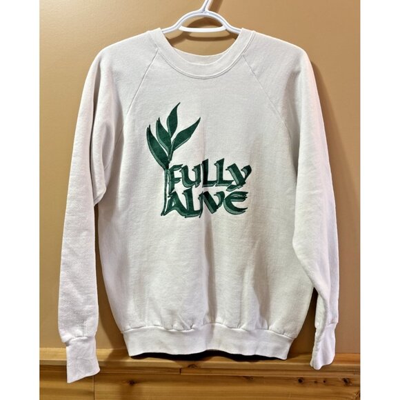 Vintage Fruit of the Loom White Sweatshirt Green Leaf Fully Alive 50% Cotton L - Picture 1 of 9